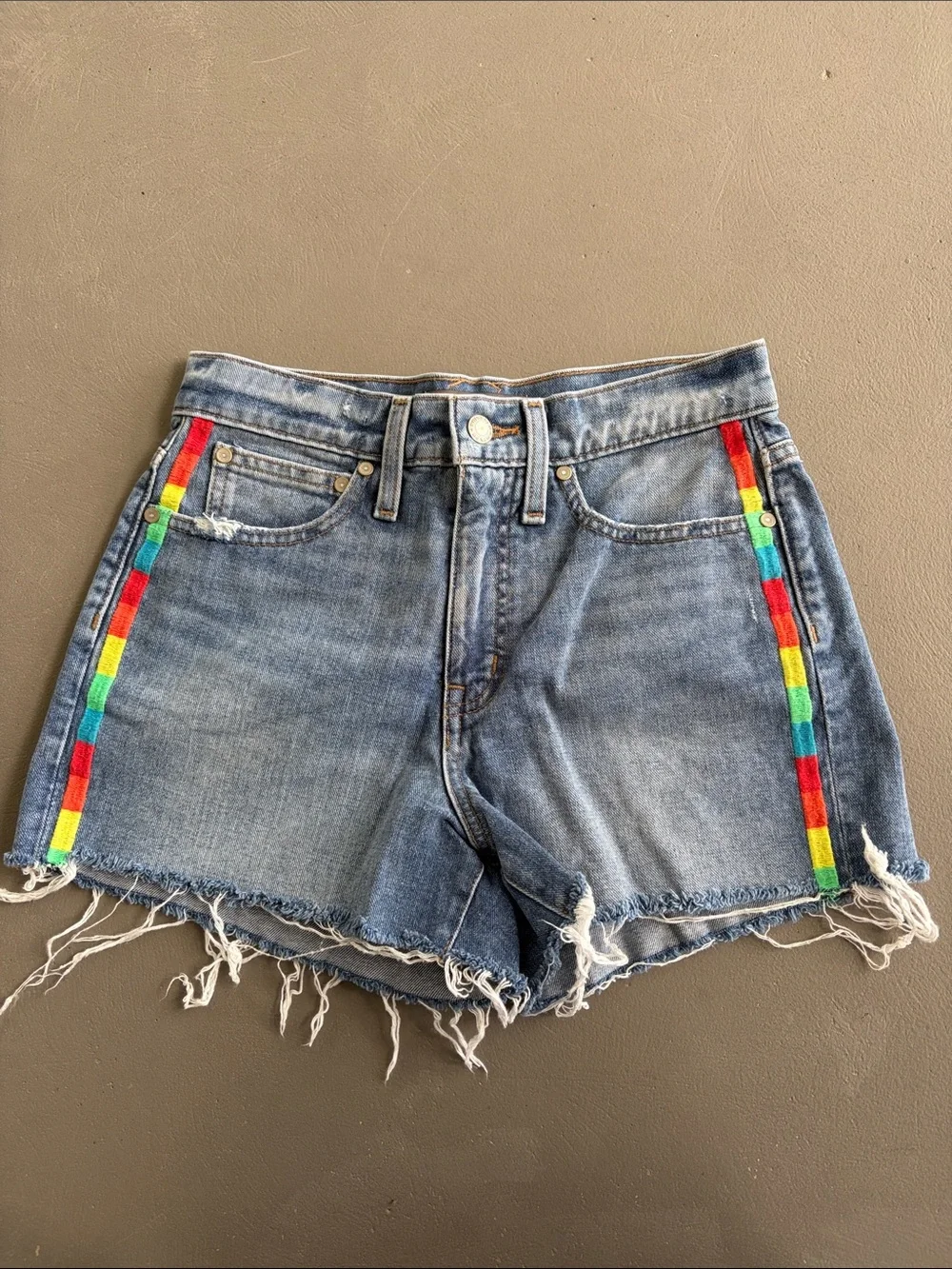 J. Crew Point Sur Blue Denim Cutoff Shorts with Rainbow Embroidered Side Trim